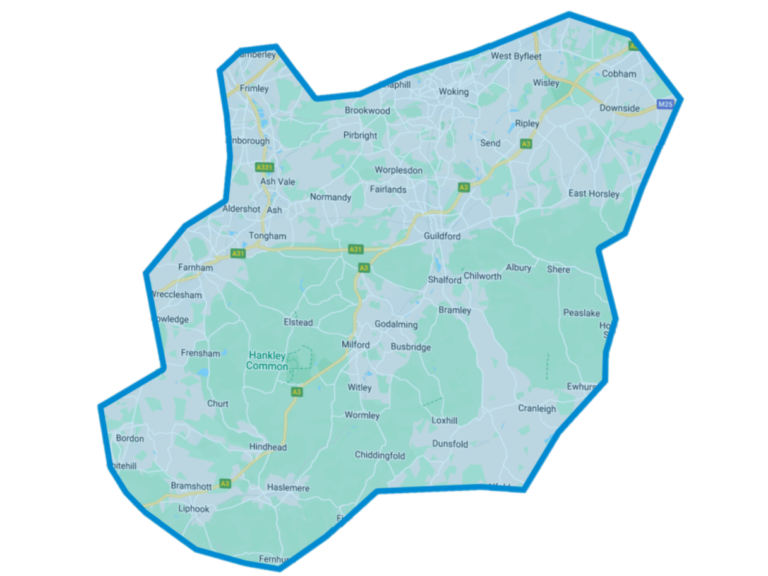Map West Surrey window cleaning area pure sparkle